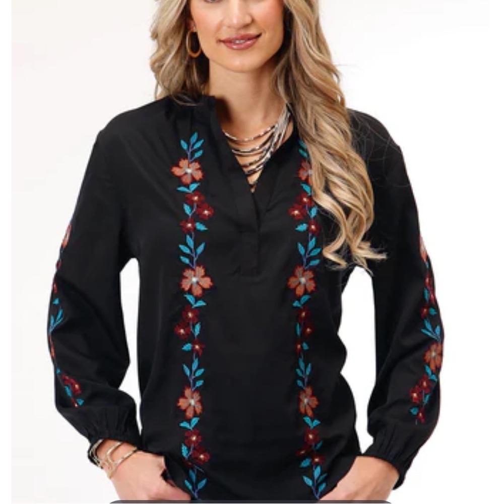 NWT In Packaging Roper Womens Split-V Floral Black Polyester L/S Blouse Sz Large